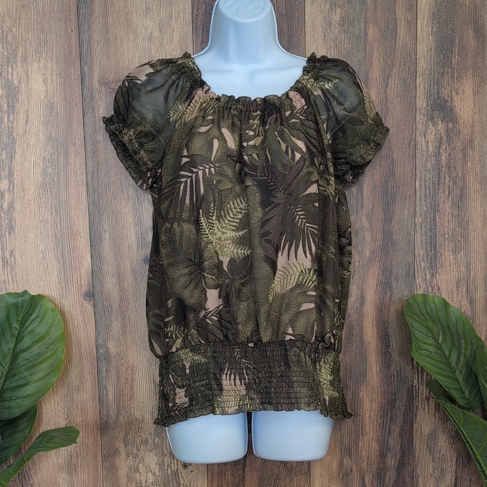 JohnPaulRichard Olive and Brown Leaf Print Ruffle Blouse S             C334